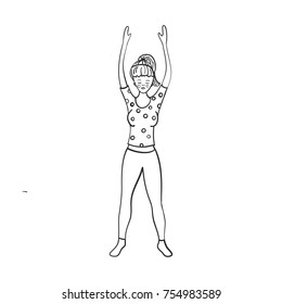 Hand drawn vector illustration with young girl making yoga exercises. Black and white outlined female character, icon or book illustration