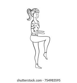 Hand drawn vector illustration with young girl making yoga exercises. Black and white outlined female character, icon or book illustration