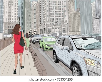 Hand drawn vector illustration of a young woman walking in the city, in Chicago, on a busy day downtown. Concept of being inspired, dreaming, and focus on career and promotion.
