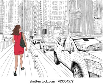 Hand drawn vector illustration of a young woman walking in the city, in Chicago, on a busy day downtown. Concept of being inspired, and focus on career and promotion. Black and white except the woman.