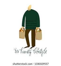 Hand drawn vector illustration. Zero waste life. Eco style. No plastic. Eco shopping. Man with eco bags.