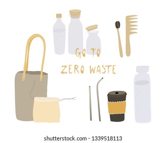 Hand drawn vector illustration. Zero waste life. Eco style. No plastic. Go green. Reusable things. Vector objects set.