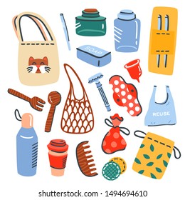 Hand drawn vector illustration of zero waste lifestyle items. Set of resusable products
