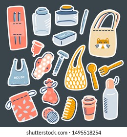 Hand drawn vector illustration of zero waste lifestyle items. Set of resusable products