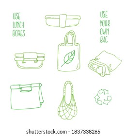 Hand drawn vector illustration of zero waste concept. Eco outline clipart for print, card, textil design. Using of lunch boxes and reusable shopping bags 