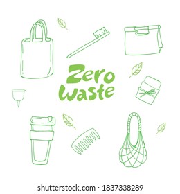 Hand drawn vector illustration of zero waste concept. Eco outline clipart for print, card, textil design. Set of eco objects. Reusable, wood, bamboo, washable objects for everyday use