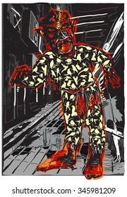 An hand drawn vector illustration - ZOMBIE in pajamas in the night street. Vector freehand illustration in comic style.