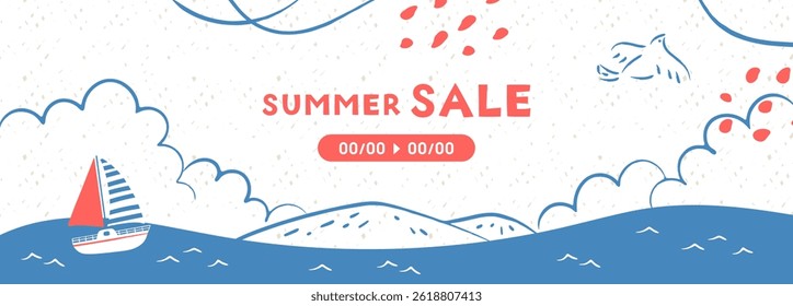 Hand drawn vector illustration_sea, yacht and birds
