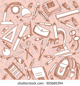 Hand drawn vector illustration.Abstract Background "Back to School". Pencils, Book, Notebook, Microscope.