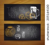 Hand drawn vector illustration.Banner set. Beer and snacks set. Vintage. Sketch. Chalkboard.