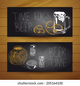 Hand drawn vector illustration.Banner set. Beer and snacks set. Vintage. Sketch. Chalkboard.