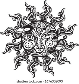 Hand drawn vector illustration.Graphic drawing of the sun and moon in zentangle style. The concept of the equinox.