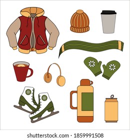Hand drawn vector illustration.Hats winter set.Hand drawn isolated objects on white background.Blue and rad colors.Children hats.Winter warm clothers.Scarf