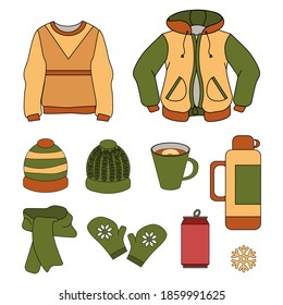 Ilustración vectorial dibujada a mano.Sombrero conjunto de invierno.Hand dibujó objetos aislados sobre fondo blanco.Calentadores de invierno.