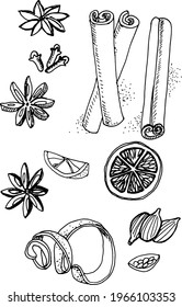 Hand drawn vector illustration.Orange, cinnamon, 
coriander, cloves, badian. Black line. 