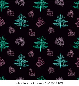 Hand drawn vector illustration.Pattern of symbols of the new year, Christmas trees, gifts. Lines, zigzags, circles, bright colors on a black background.