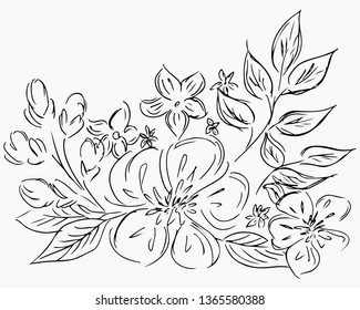 Hand Drawn Vector Illustrations Of Abstract Set of Flowers Isolated on White. Hand Drawn Sketch of a Flowers.