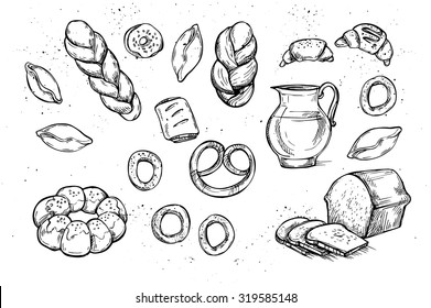 Hand drawn vector illustrations - Bakery shop. Grocery store. Organic food. Set of vintage illustrations. 