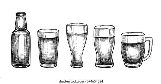 Hand drawn vector illustrations - beer glasses and mugs. Octoberfest. Alcoholic beverages. Design elements in engraving style. Perfect for invitations, greeting cards, posters, prints
