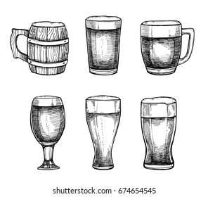 Hand drawn vector illustrations - beer glasses and mugs. Octoberfest. Alcoholic beverages. Design elements in engraving style. Perfect for invitations, greeting cards, posters, prints
