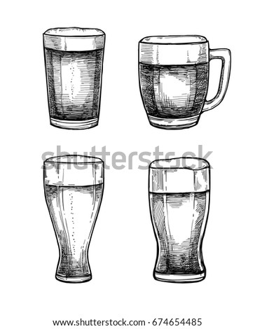 Hand drawn vector illustrations - beer glasses and mugs. Octoberfest. Design elements in engraving style. Perfect for invitations, greeting cards, posters, prints
