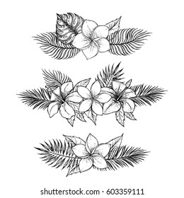 Hand drawn vector illustrations - bouquets of tropical flowers and palm branches. Summer time. Perfect for invitations, greeting cards, blogs, posters and more.