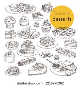 hand drawn vector illustrations cake and desserts. sketch graphic collection of illustration with sweets, cakes and desserts. for cafe and restoran menu decoration