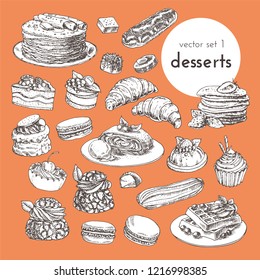 hand drawn vector illustrations cake and desserts. sketch graphic collection of illustration with sweets, cakes and desserts. for cafe and restoran menu decoration