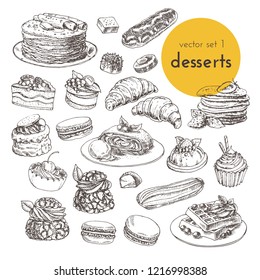 hand drawn vector illustrations cake and desserts. sketch graphic collection of illustration with sweets, cakes and desserts. for cafe and restoran menu decoration