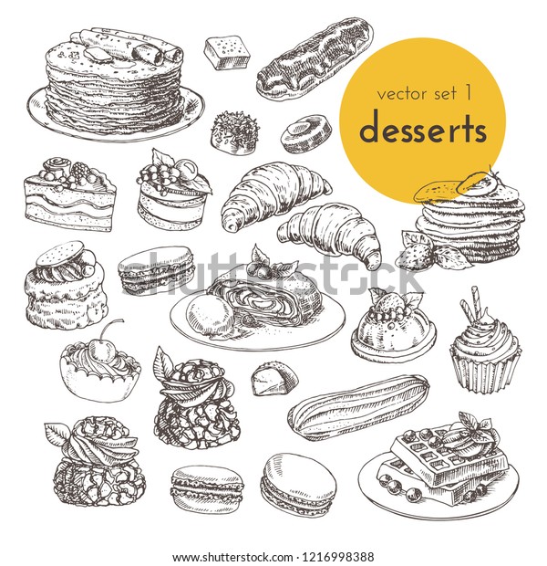 手描きのベクターイラストケーキとデザート 甘い物 ケーキ デザートを含むイラストのスケッチグラフィックコレクション カフェ用と復元用のメニューの飾り付け のベクター画像素材 ロイヤリティフリー
