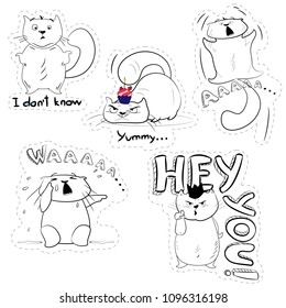 Hand drawn vector illustrations of Cats characters. Patch badges Sketch style. Doodle stickers isolated on white
