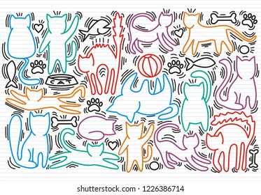 Hand drawn vector illustrations of Cats characters. Line art style. Doodle
