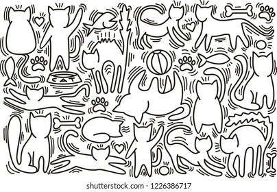 Hand drawn vector illustrations of Cats characters. Line art style. Doodle