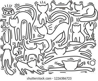 Hand drawn vector illustrations of Cats characters. Line art style. Doodle