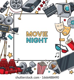 Hand drawn vector illustrations - Cinema collection. Movie and film elements in sketch style. Perfect for posters, banners, flyers, advertising, billboards
