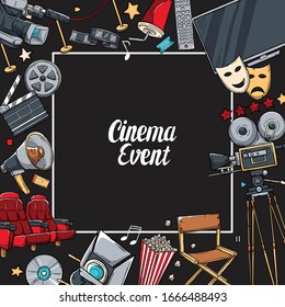 Hand drawn vector illustrations - Cinema collection. Movie and film elements in sketch style. Perfect for posters, banners, flyers, advertising, billboards