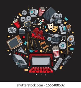 Hand drawn vector illustrations - Cinema collection. Movie and film elements in sketch style. Perfect for posters, banners, flyers, advertising, billboards