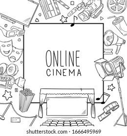 Hand drawn vector illustrations - Cinema collection. Movie and film elements in sketch style. Perfect for posters, banners, flyers, advertising, billboards