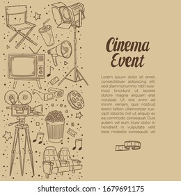 Ilustraciones vectoriales dibujadas a mano - Colección de cine. Elementos de película y película en estilo boceto. Perfecto para carteles, pancartas, volantes, publicidad, carteles