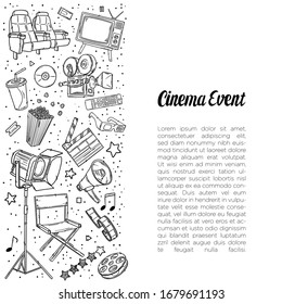 Hand drawn vector illustrations - Cinema collection. Movie and film elements in sketch style. Perfect for posters, banners, flyers, advertising, billboards