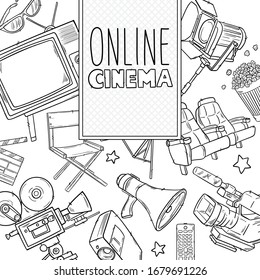 Hand drawn vector illustrations - Cinema collection on blackboard. Movie and film elements in sketch style. Perfect for posters, banners, flyers, advertising, billboards
