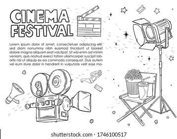 Hand drawn vector illustrations - Cinema collection. Movie and film elements in sketch style. Perfect for posters, banners, flyers, advertising, billboards