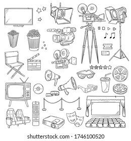 Hand drawn vector illustrations - Cinema collection. Movie and film elements in sketch style. Perfect for posters, banners, flyers, advertising, billboards