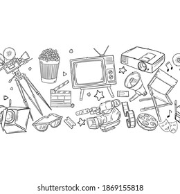 Ilustraciones de vector dibujadas a mano - Colección de cine. Elementos de película y película en estilo de esbozo. Perfecto para carteles, pancartas, volantes, publicidad, carteles