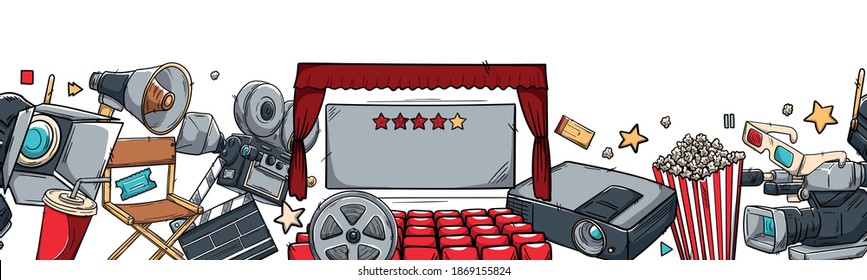 Hand drawn vector illustrations - Cinema collection. Movie and film elements in sketch style. Perfect for posters, banners, flyers, advertising, billboards