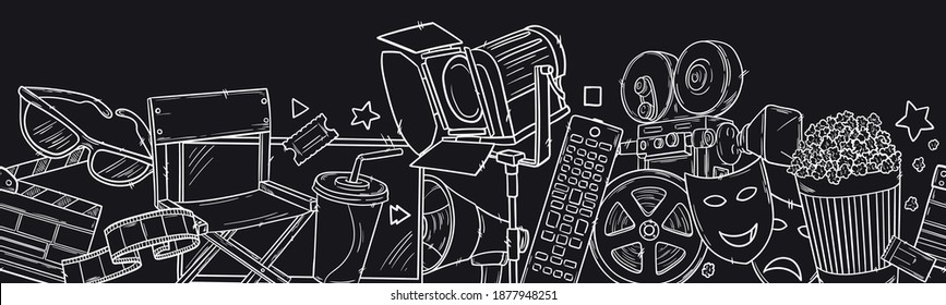 Hand drawn vector illustrations - Cinema collection. Movie and film elements in sketch style. Perfect for posters, banners, flyers, advertising, billboards