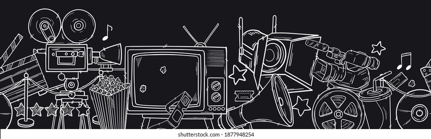 Hand drawn vector illustrations - Cinema collection. Movie and film elements in sketch style. Perfect for posters, banners, flyers, advertising, billboards