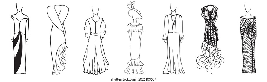 Hand drawn vector illustrations. Collection of women dresses. Set of dresses of various styles. Sketch doodle style, ink pen drawing, isolated black on white background