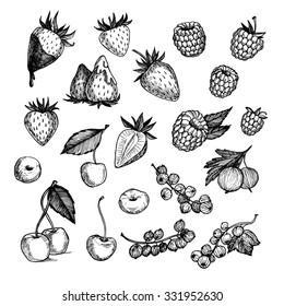 Hand drawn vector illustrations - Collection of berries (raspberries, strawberries, cherries, gooseberries).