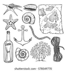 Hand drawn vector illustrations - collection of seashells and  marine elements (treasure map, message in a bottle, rope, anchor). Perfect for invitations, greeting cards, posters, prints, banners